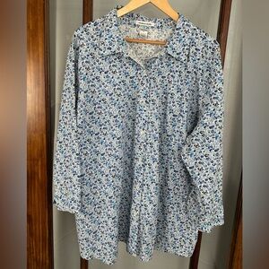 Chelsea Studio 3/4 Sleeve Button-Front Shirt 3X Blue Floral Collared Cotton